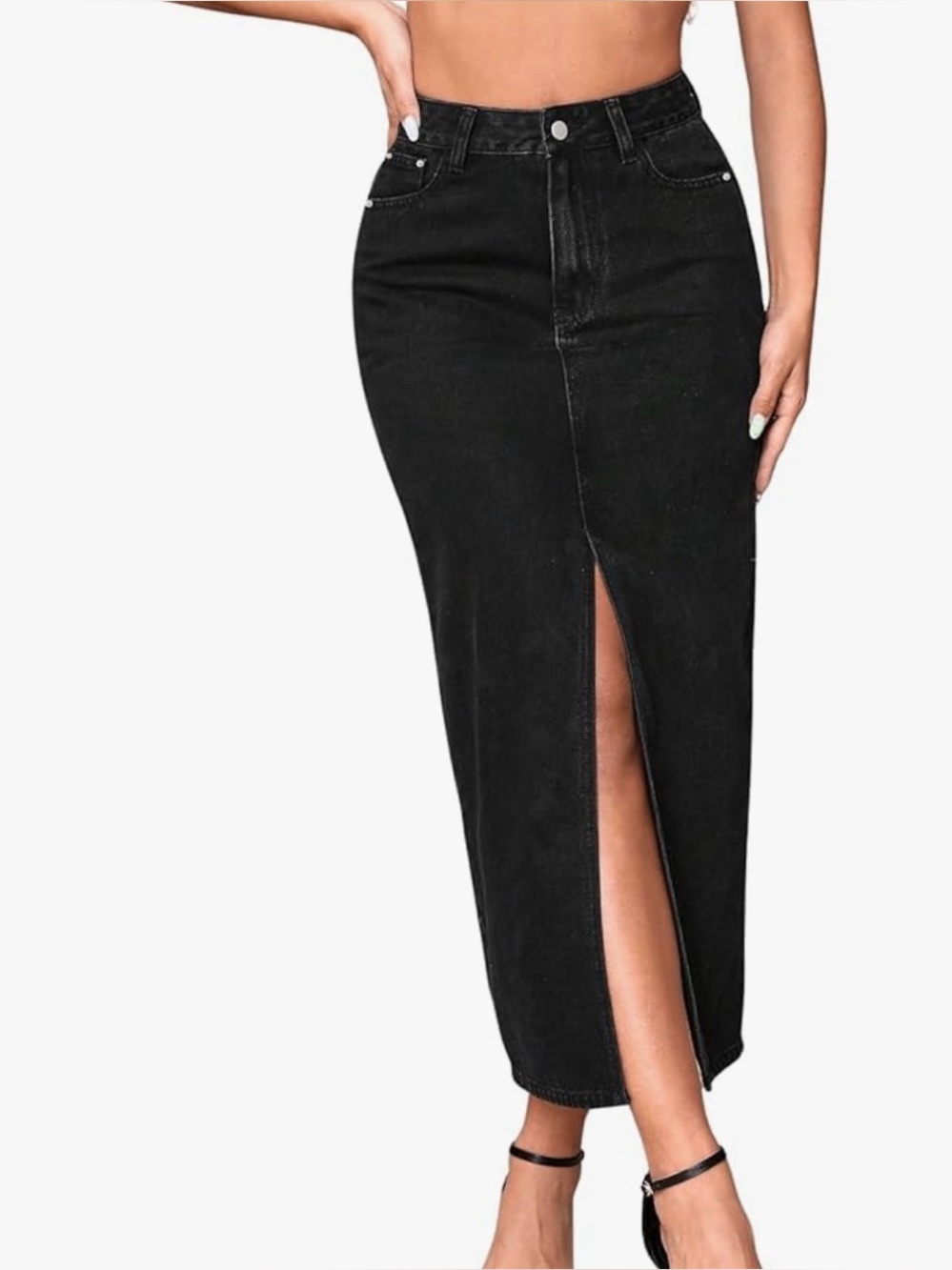 Amazon SweatyRocks Black High Waist Split Hem Denim Skirt Size Small